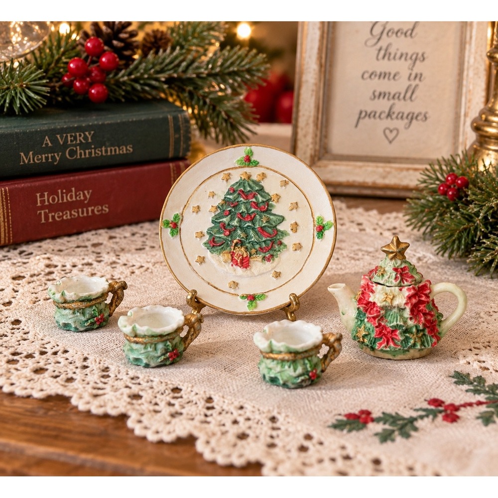 Miniature Christmas Tea Set Tree Teapot Plate 4 Cups Holiday Dollhouse Decor